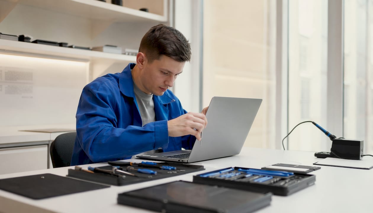 En tekniker felsöker Mac-datorns komponenter i verkstaden.
