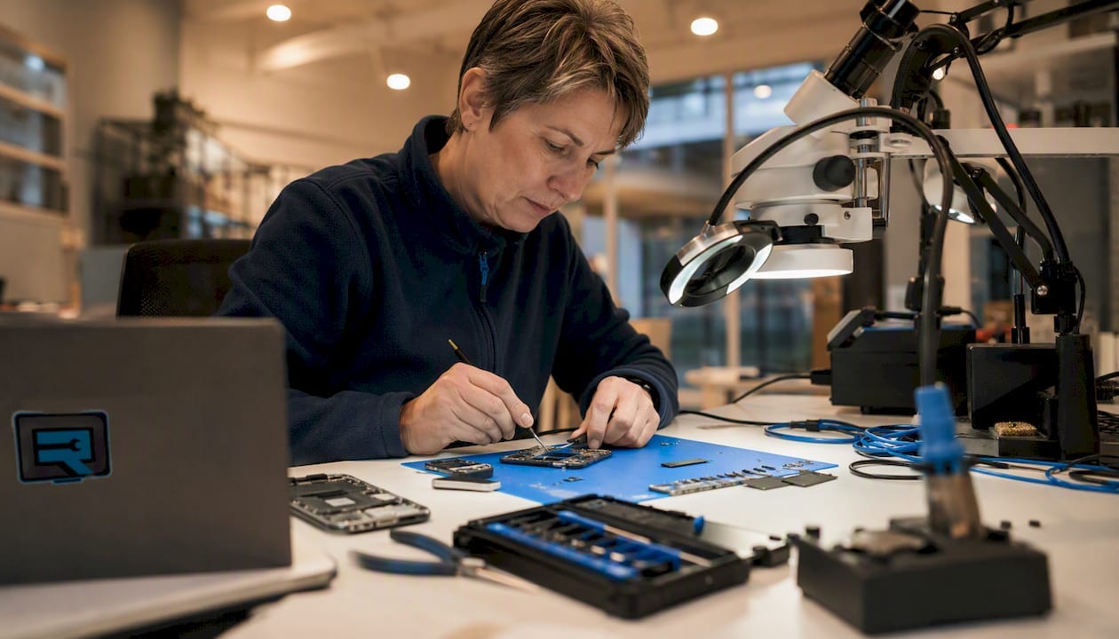 En tekniker sitter på verkstaden och lagar ett iPhone-moderkort.