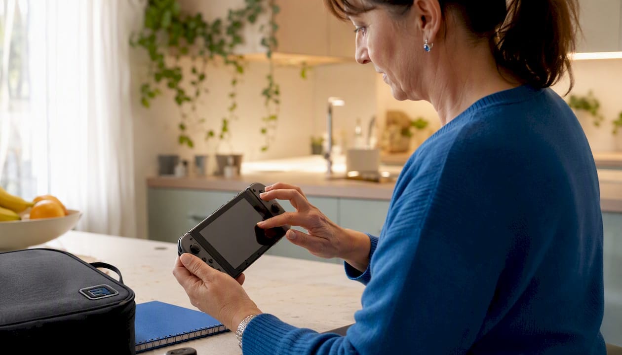 Närbild på händer som provar Joy-Con-kontroller på en spelkonsol
