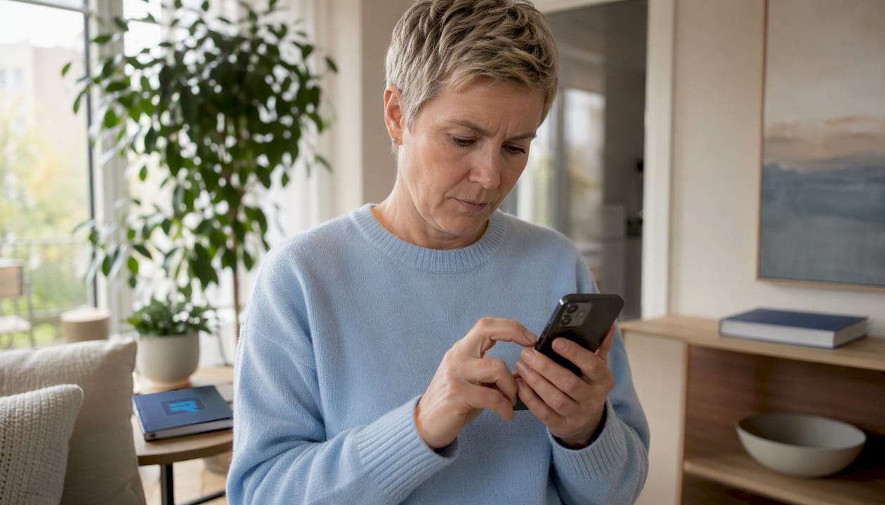 En kvinna använder sin iPhone och trycker på en knapp med fingertoppen.