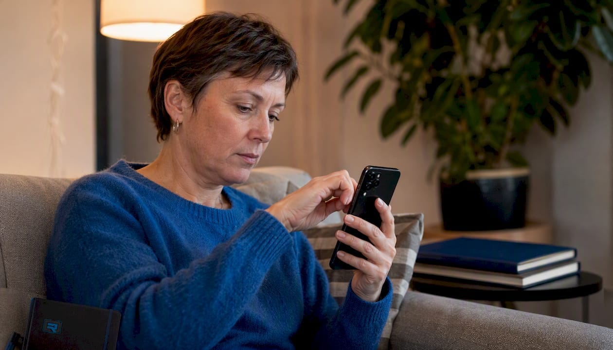 Kvinna sitter vid skrivbordet och tvingar igång omstart på sin Samsung-mobil.