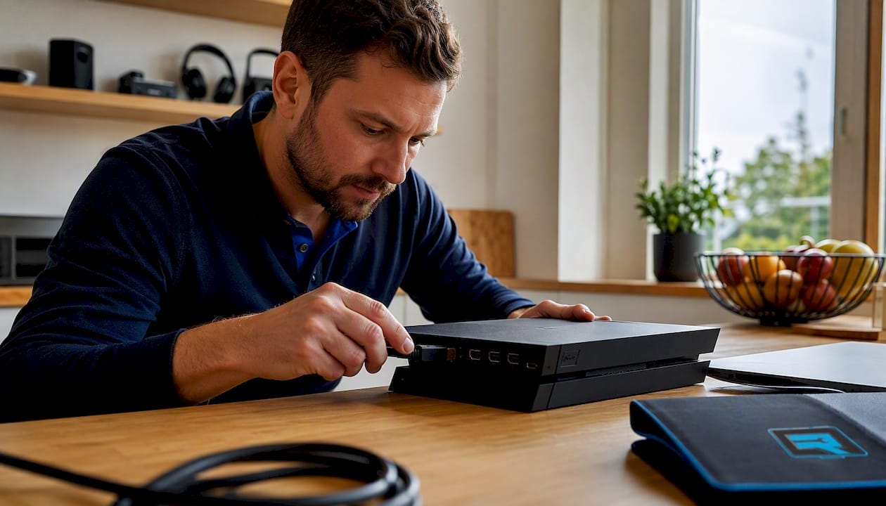 Någon kopplar in en HDMI-kabel i PS4:an.