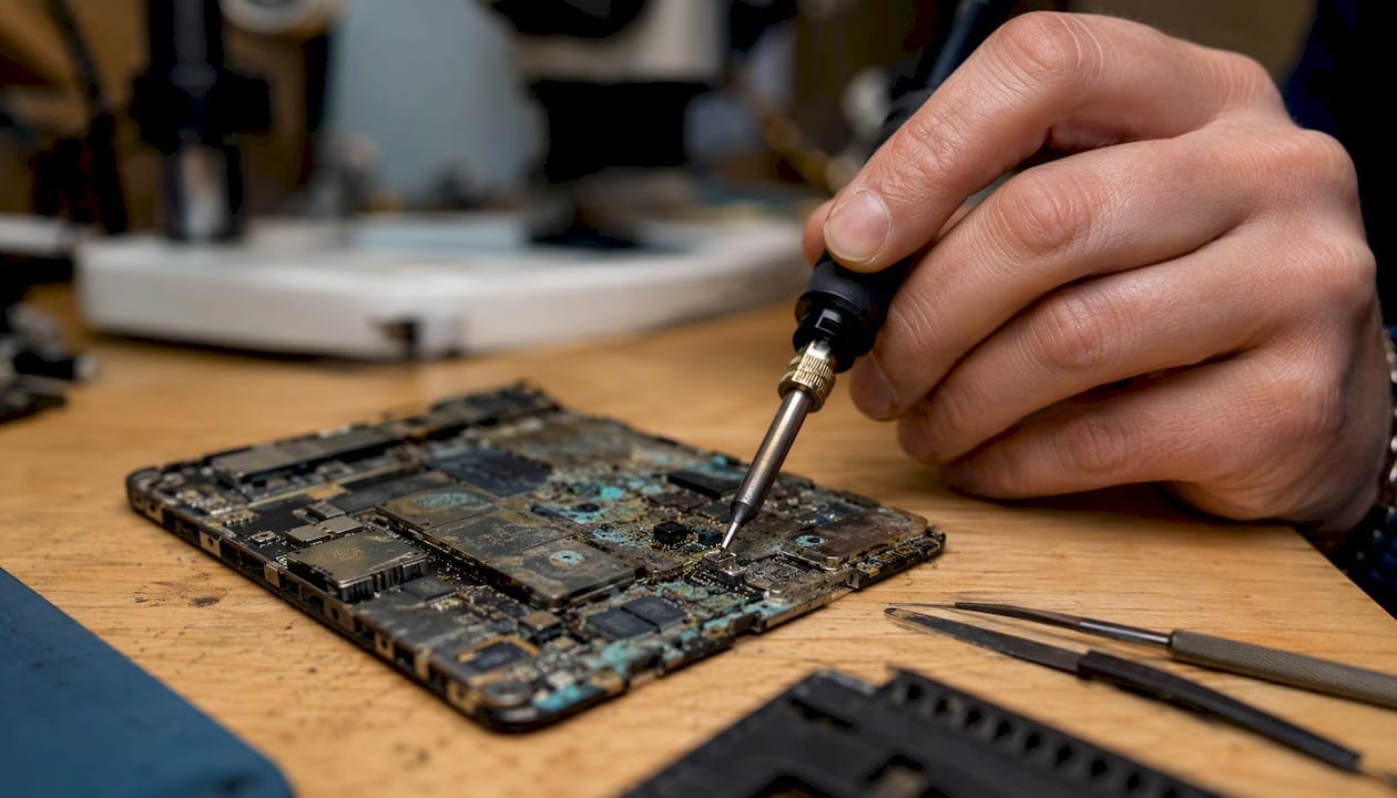 Närbild på ett skadat och korroderat moderkort från en mobiltelefon under reparation.