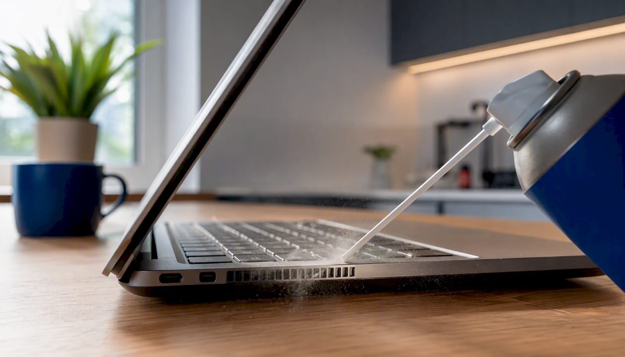 Rengör laptopens ventilationsöppningar med tryckluft