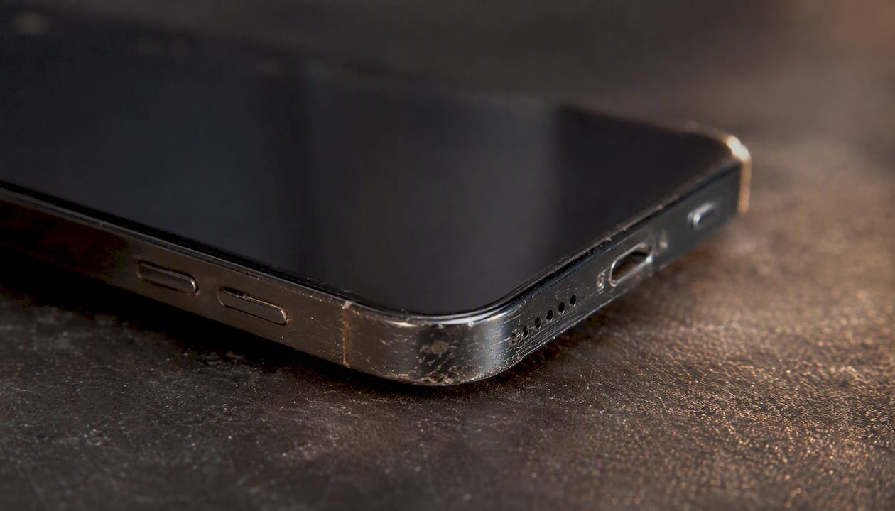 Kantstötta kanter på mobilen som tydligt visar spår av användning
