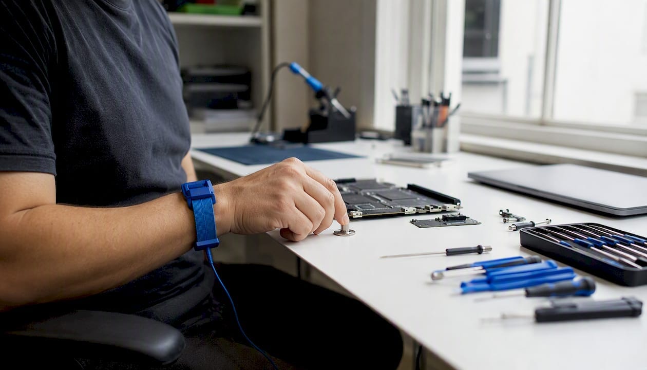 Hand med antistatarmband som jordar sig