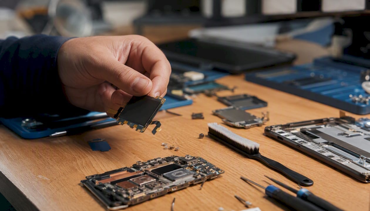 En tekniker på en oberoende verkstad undersöker ett battericell noggrant för hand.